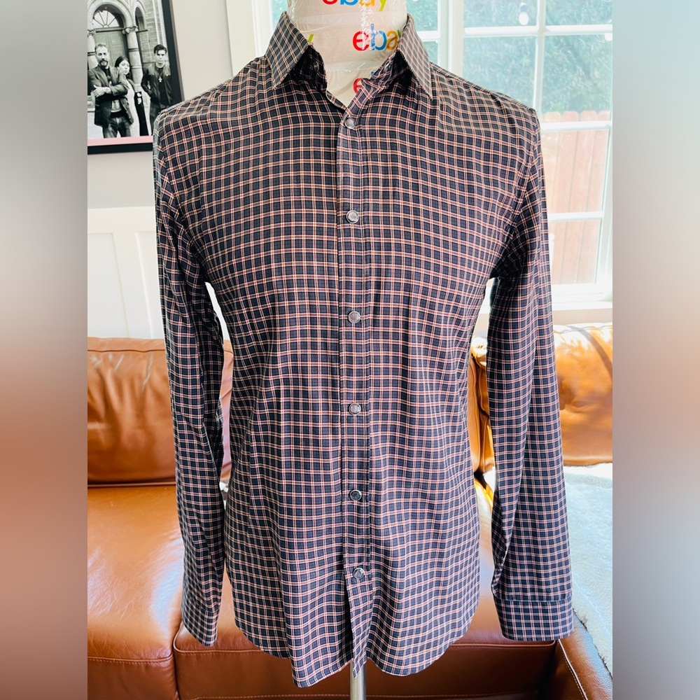 GUCCI SHIRT Black & Red Plaid  16.5" Small Slim Pearl Snap Buttons Mens Italy